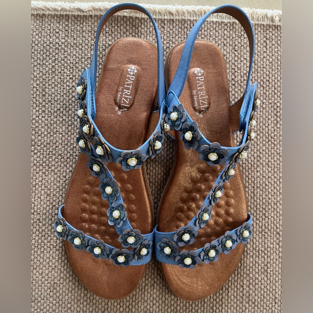 Patrizia Blue Floral Pearl T-Strap Sandals — Women's Slingback Comfort